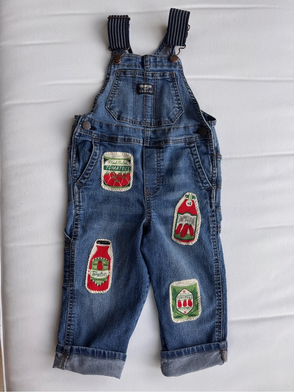 OshKosh B'gosh Denim Overalls with Red & Green Patch Accents